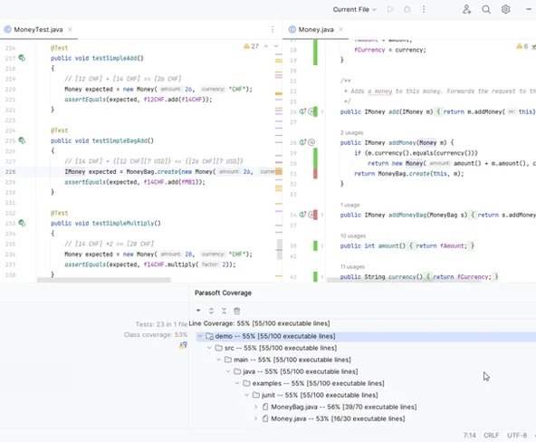 Captura de pantalla de Parasoft Jtest que muestra porcentajes de cobertura de código para código Java.