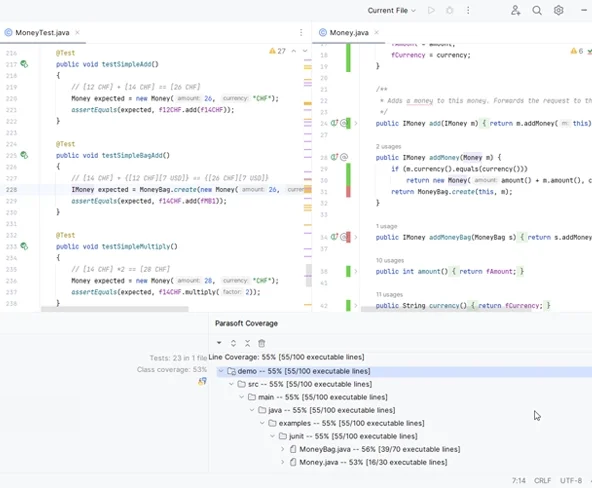 Screenshot of Parasoft Jtest showing code coverage percentages for Java code.