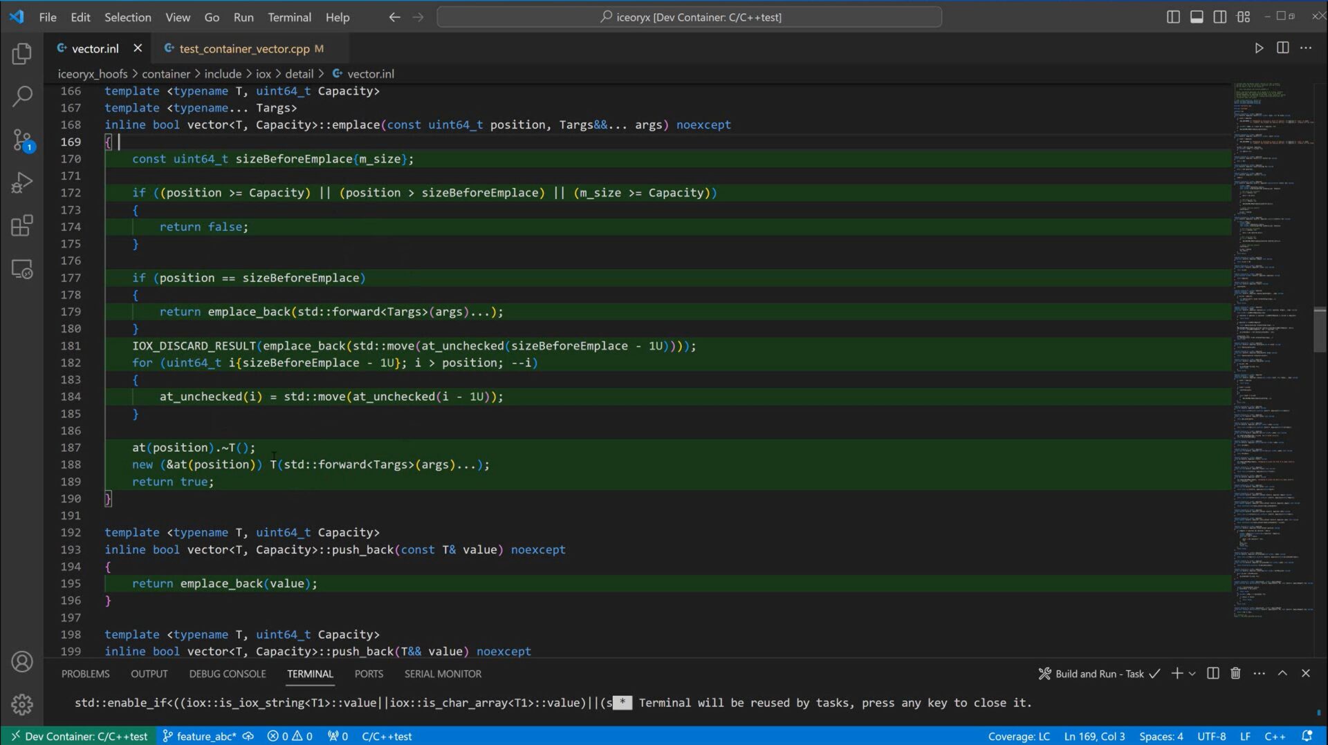 Screenshot, der einen Entwicklungstestcontainer für die C/C++-Codeabdeckung zeigt.