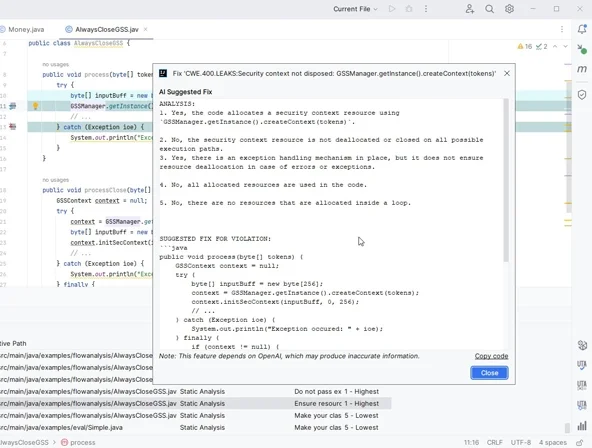 Capture d'écran de l'IDE IntelliJ avec le plugin Parasoft Jtest montrant la correction d'une violation d'analyse statique à l'aide de Generative AI.