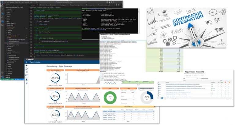Capturas de pantalla en capas que muestran datos de cobertura de código mostrados en varias formas: informe de cobertura de código, panel de informes y trazabilidad de requisitos.