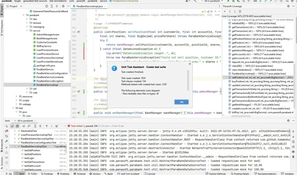 Screenshot der IntelliJ-IDE mit Parasoft Jtest-Plugin, der zeigt, wie 1,934 JUnits gleichzeitig mit Jtest generiert werden