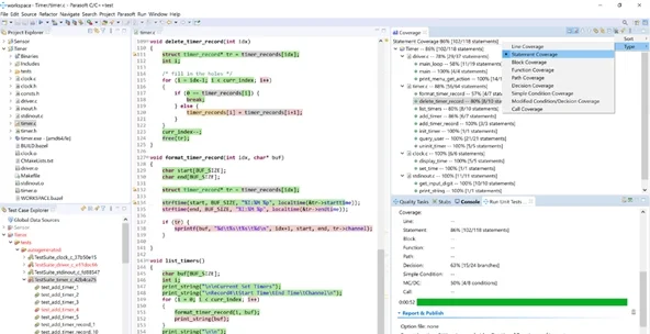 Captura de pantalla de la prueba de Parasoft C/C++ con Cobertura de declaración seleccionada.