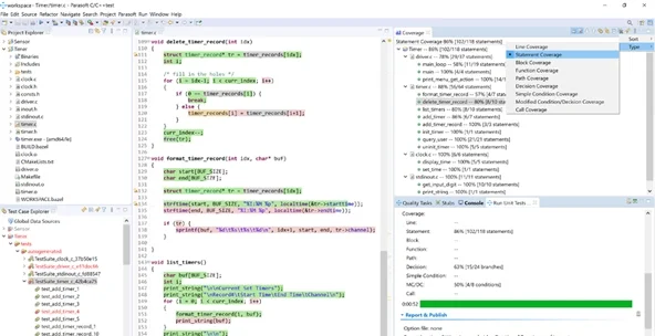 Screenshot of Parasoft C/C++test with Statement Coverage selected.