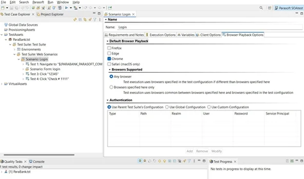 Capture d'écran de Parasoft SOAtest montrant des cas de test de l'interface utilisateur Web avec enregistrement et lecture sans script.