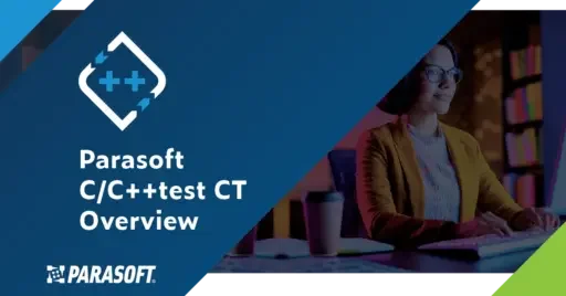 Titre de présentation du test CT Parasoft C/C++ avec image d'une femme tapant sur un ordinateur à droite
