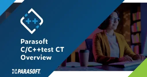 Parasoft C/C++test CT-Übersichtstitel mit dem Bild einer Frau, die auf dem Computer tippt, rechts