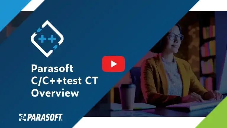 Descripción general de CT de prueba de Parasoft C/C++ con imagen de una mujer trabajando en una computadora a la derecha