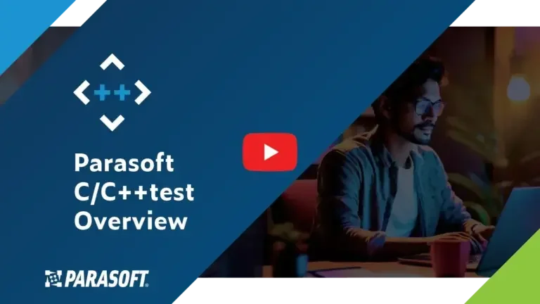 Parasoft C/C++-Testübersicht mit Bild eines Mannes, der am Computer arbeitet, rechts