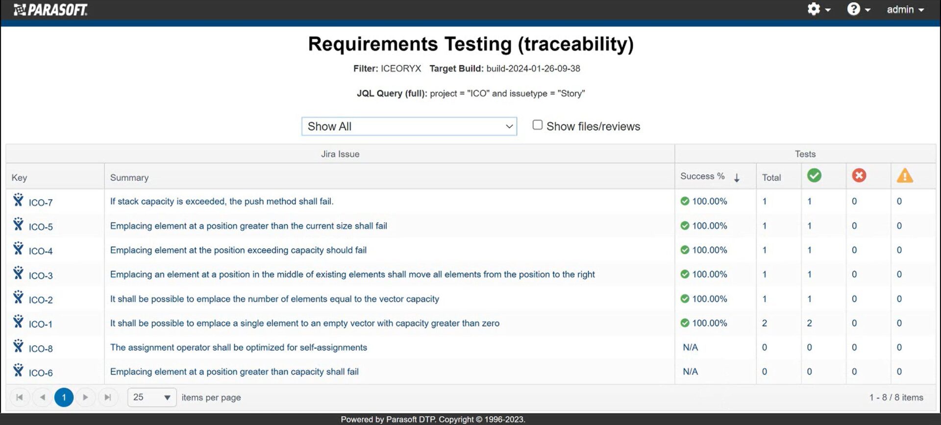 Screenshot der CT-Anforderungen für den Parasoft C/C++-Test. Testen der Rückverfolgbarkeit, Verknüpfen von Testfällen und Überprüfen der Testausführungsergebnisse.