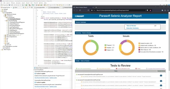 Screenshot der Eclipse-IDE mit der Parasoft-Selenic-Integration und einem Selenic-Bericht, in dem die Anzahl der Testfälle aufgeführt ist, die ausgeführt wurden, bestanden wurden und fehlgeschlagen wären, aber aufgrund der KI-gestützten Selbstheilung von Selenic bestanden werden konnten.