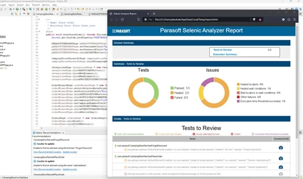 Captura de pantalla del informe de Parasoft Selenic Analyzer que muestra un panel que muestra porcentajes de pruebas de ejecución que pasaron y fallaron junto con los problemas.