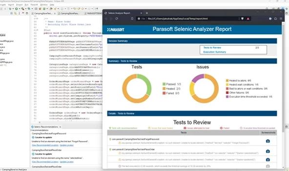 Capture d'écran du rapport Parasoft Selenic Analyzer montrant un tableau de bord affichant les pourcentages de tests exécutés qui ont réussi et échoué ainsi que les problèmes.