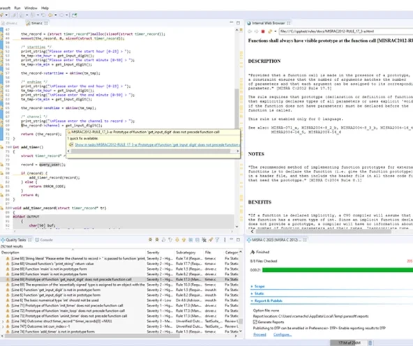 Screenshot der statischen Analyse des Parasoft C/C++-Tests mit einem Link zu einer schnellen Lösung für einen Verstoß.
