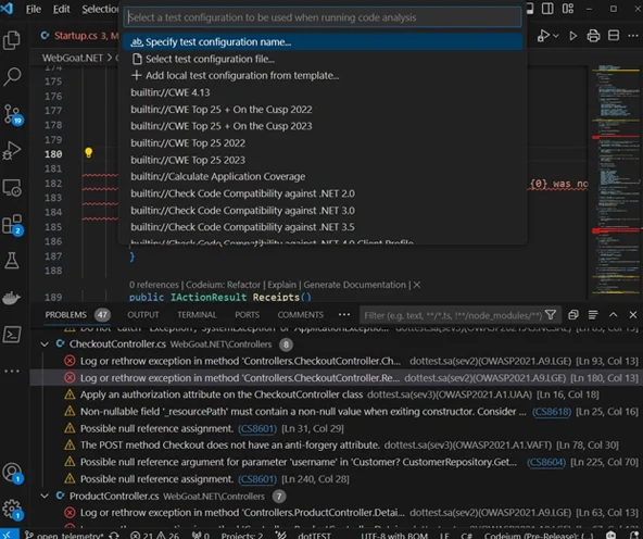 Captura de pantalla del análisis estático de Parasoft dotTEST para lenguajes C# y VB.NET.