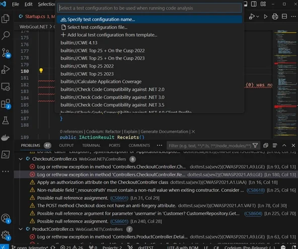 Screenshot of Parasoft dotTEST static analysis for C# and VB.NET languages.