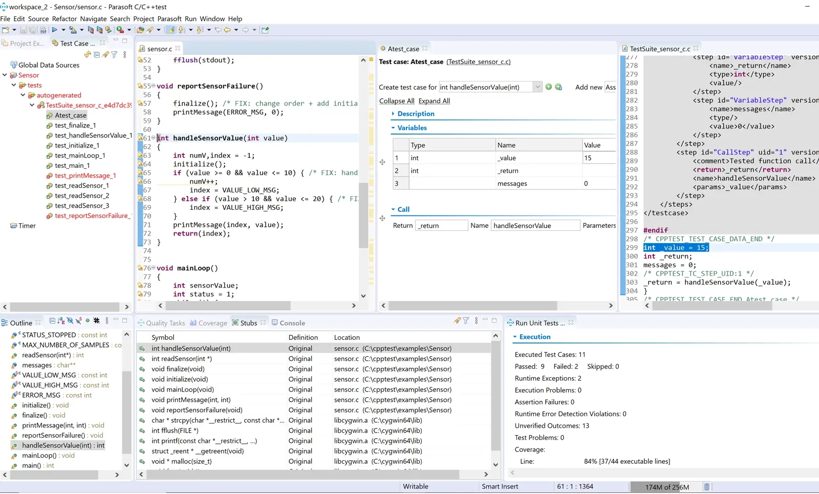 Screenshot of Parasoft C/C++test unit testing with test creation, execution, and regression testing.