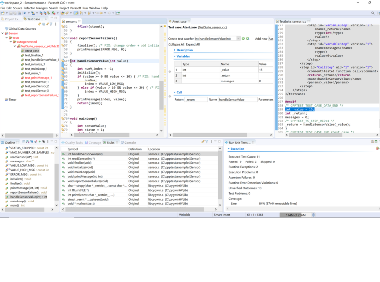 Capture d'écran des tests unitaires de test Parasoft C/C++ avec création, exécution et tests de régression.