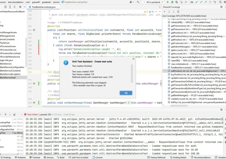 Screenshot von Parasoft Jtest mit einem Popup des Unit Testing Assisting, das Hilfe beim Erstellen einer Testsuite bietet.