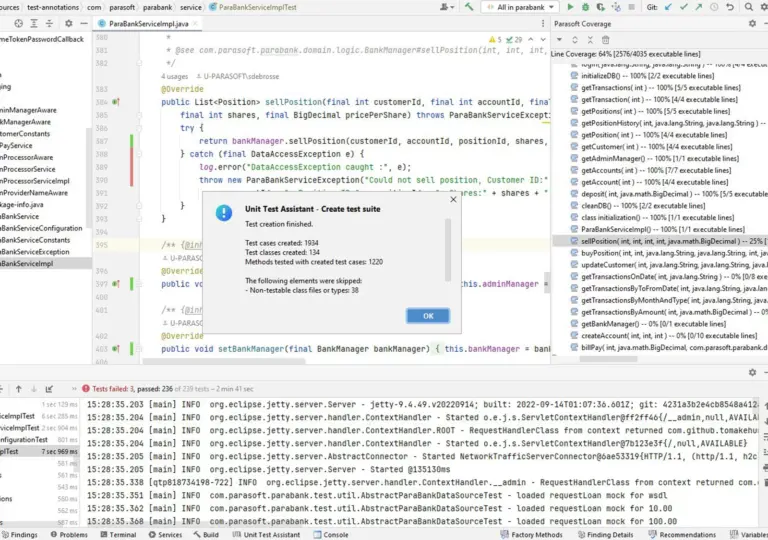 Captura de pantalla de Parasoft Jtest con una ventana emergente de Unit Testing Assisting que ofrece asistencia para crear un conjunto de pruebas.