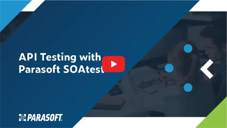 Prueba de API con Parasoft Título de video SOAtest con imagen de una mujer y un hombre colaborando frente a la pantalla de la computadora