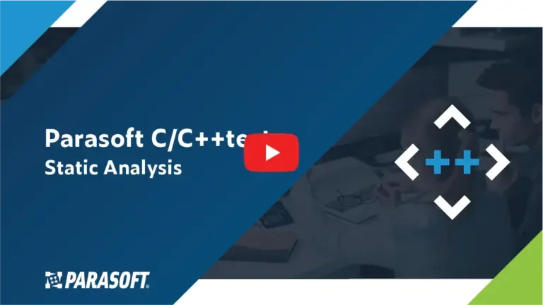 Parasoft C/C++test Static Analysis video title with image of man and woman collaborating in front of computer on right.