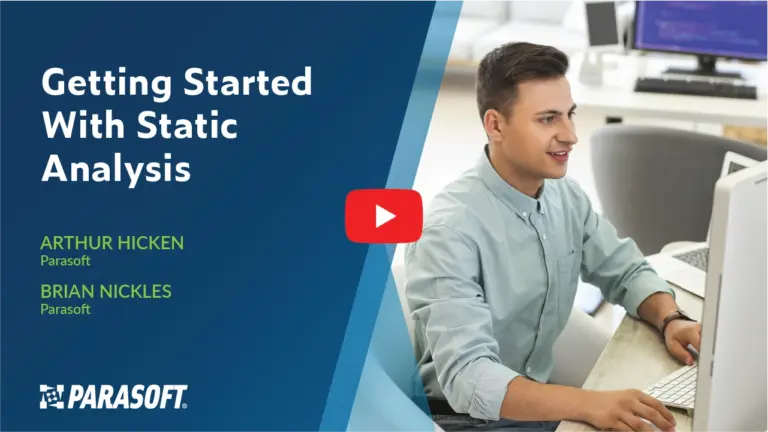Getting Started with Static Analysis video title, with speaker names on left and image of man working in front of computer on the right.