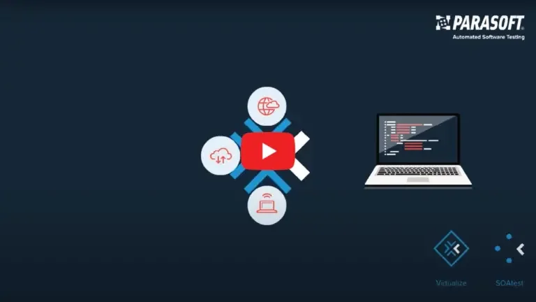 Capture d'écran de l'API intégrée et de la vidéo sur la virtualisation des services. Graphiques de différents systèmes travaillant ensemble avec le graphique de l'écran d'ordinateur à droite.