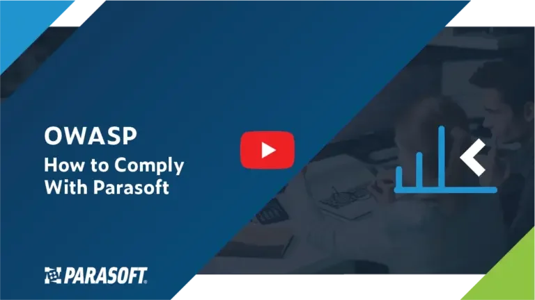OWASP-Videotitel „How to Comply With Parasoft“ auf der linken Seite mit einer Grafik von Mann und Frau, die vor dem Computerbildschirm zusammenarbeiten, auf der rechten Seite