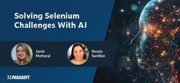 Solving Selenium Challenges with AI webinar title with speaker headshots below and graphic of AI-inspired human head to the right