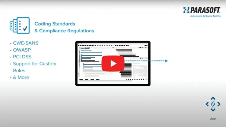 Capture d'écran de la vidéo de présentation de Jtest. Résumé des normes de codage sécurisées prises en charge par Jtest avec un graphique d'écran d'ordinateur à droite de la liste.