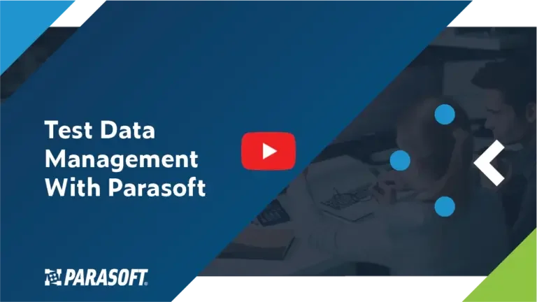Título del video de Test Data Management With Parasoft a la izquierda con imagen de una mujer y un hombre colaborando en la pantalla de una computadora a la derecha.