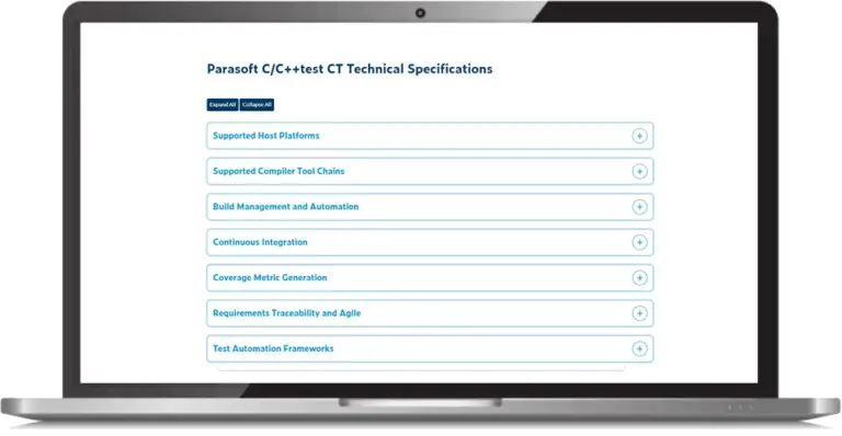 Captura de pantalla de la lista de categorías de especificaciones técnicas CT de prueba de Parasoft C/C++ encerradas en un monitor.