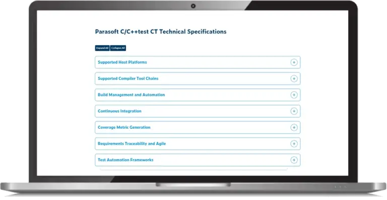 Capture d'écran de la liste des spécifications techniques Parasoft C/C++test CT des catégories intégrées dans un moniteur.