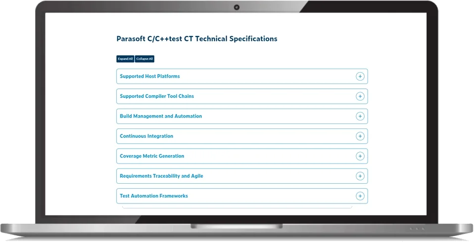 Screenshot of Parasoft C/C++test CT Technical Specifications list of categories encased in a monitor.