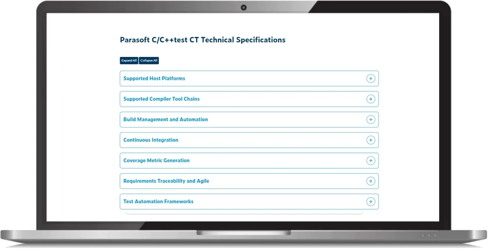 Screenshot der Liste der technischen Spezifikationen von Parasoft C/C++test CT mit Kategorien, die in einem Monitor enthalten sind.