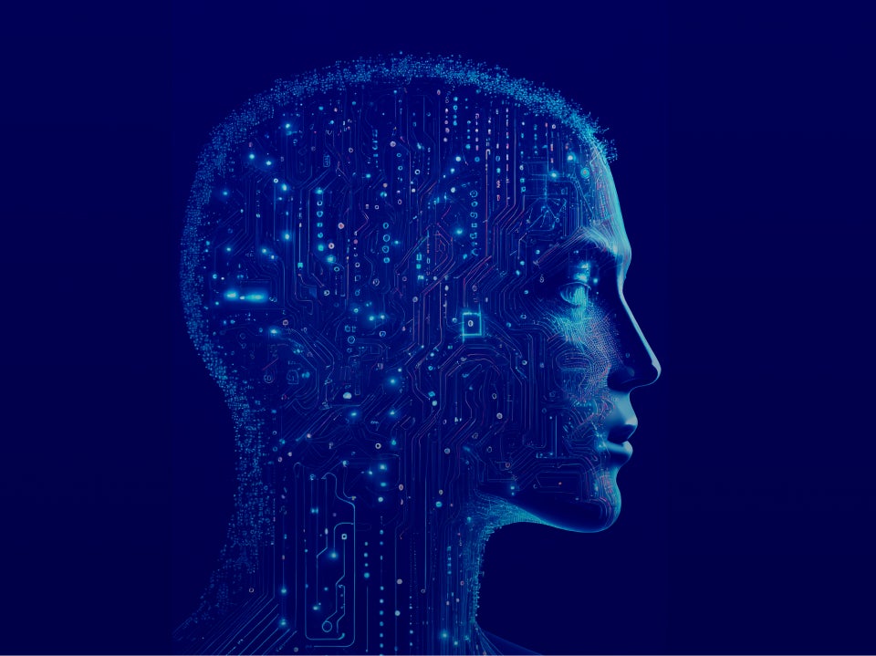 Profilbild eines menschlichen Kopfes, gefüllt mit Datenkonnektoren, um künstliche Intelligenz widerzuspiegeln.