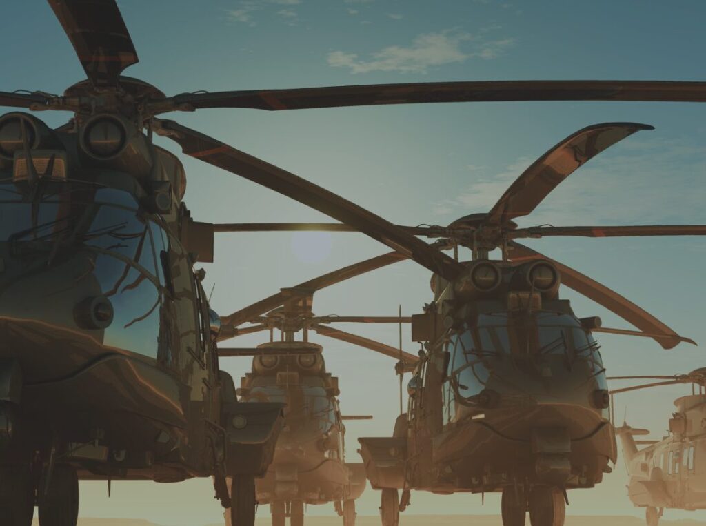 Image montrant quatre hélicoptères militaires avec un logiciel testé par analyse statique.