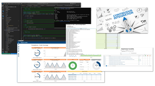 Vier überlappende Screenshots von Parasoft C/C++test CT und Parasoft DTP zusammen mit einem Bild, das verschiedene Symbole zeigt, die kontinuierliche Softwaretests und -analysen widerspiegeln, mit dem Text: Continuous Integration.