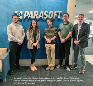 Photograph showing Parasoft's associate sales representatives at the new Northeast Ohio office include from left: Logan Bates, Macie Westrick, Oliver DiPuccio, Robert Bechtel, and Andrew Schwertner.