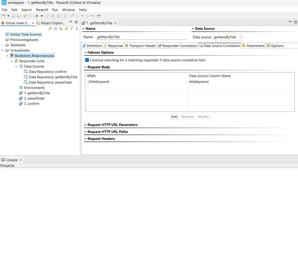 Capture d'écran de Parasoft Virtualize dans l'IDE Eclipse montrant un service virtuel qui reproduit le comportement du monde réel.