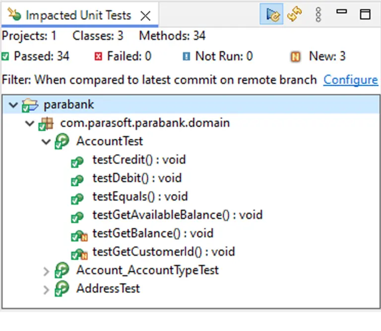 Capture d'écran de Jtest dans l'IDE Eclipse montrant les cas de test en corrélation avec les modifications récentes du code.