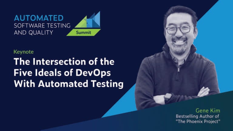 Texto a la izquierda: La intersección de los cinco ideales de DevOps con las pruebas automatizadas con un retrato del orador a la derecha