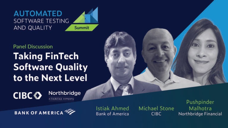 Texto a la izquierda: Panel: Llevando la calidad del software FinTech al siguiente nivel con fotografías de los oradores a la derecha