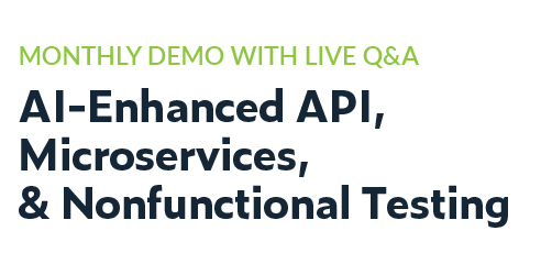 Graphique avec texte uniquement : Démonstration mensuelle avec questions-réponses en direct : API améliorée par l'IA, microservices et tests non fonctionnels