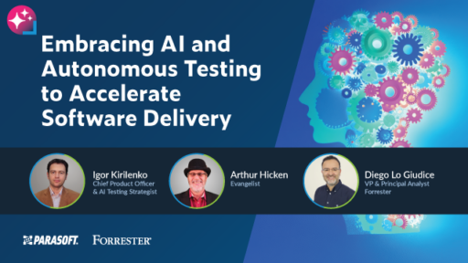 Embracing AI and Autonomous Testing to Accelerate Software Delivery with speaker headshots and graphic of human head with gears inside to the right