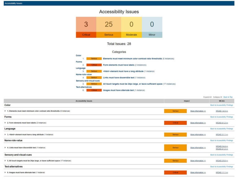 Captura de pantalla que muestra un informe de problemas de accesibilidad clasificados por nivel de gravedad.