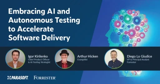 Embracing AI and Autonomous Testing to Accelerate Software Delivery with speaker headshots and graphic of human head with gears inside to the right