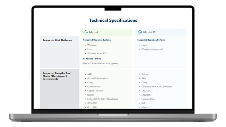 Screenshot of Parasoft C/C++test and C/C++test CT technical specs page