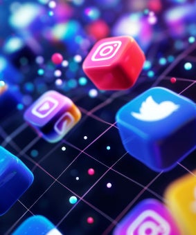Colorful image of 3D squares with social media icons on them